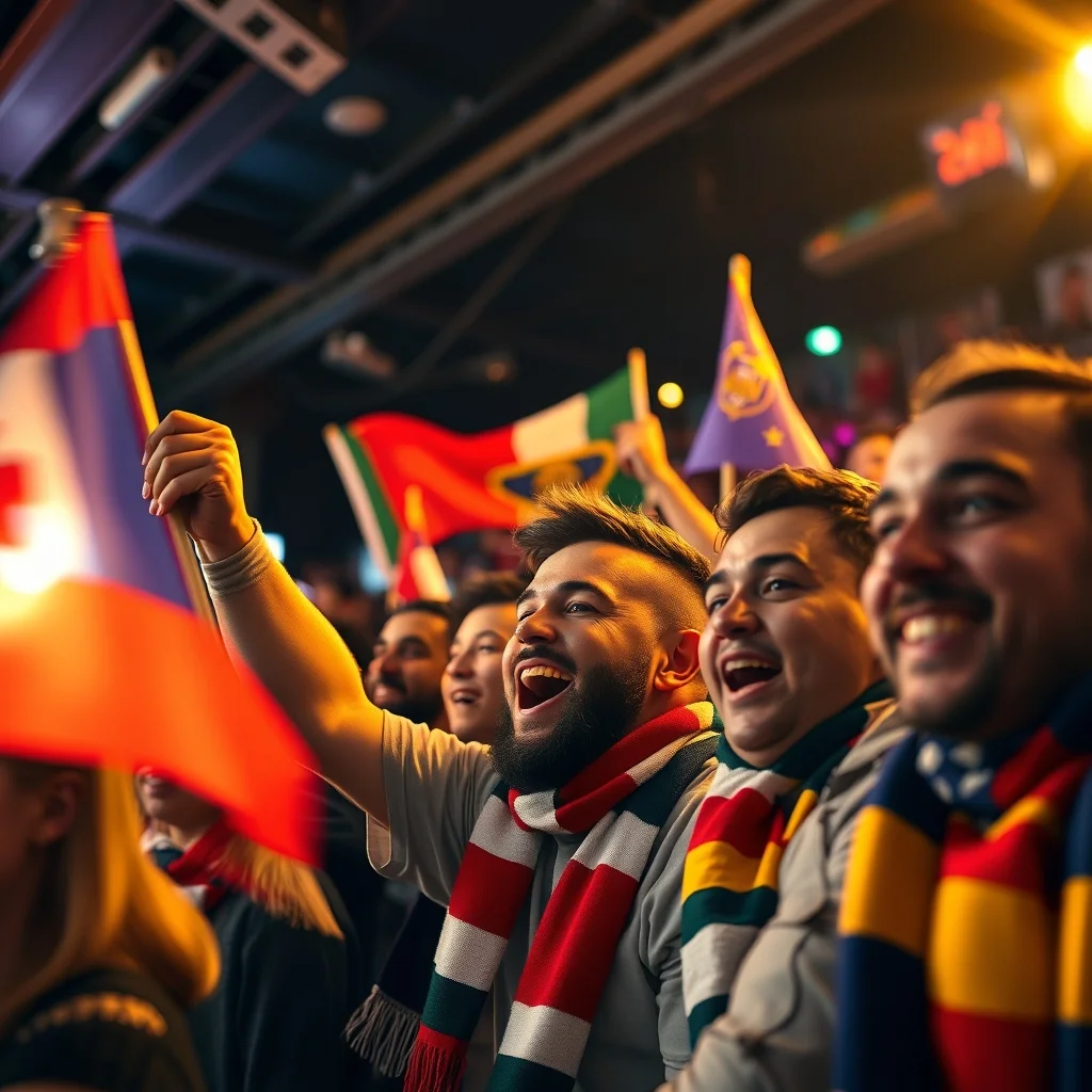 diverse football fans celebrating with flags and scarves in crowded sports bar
