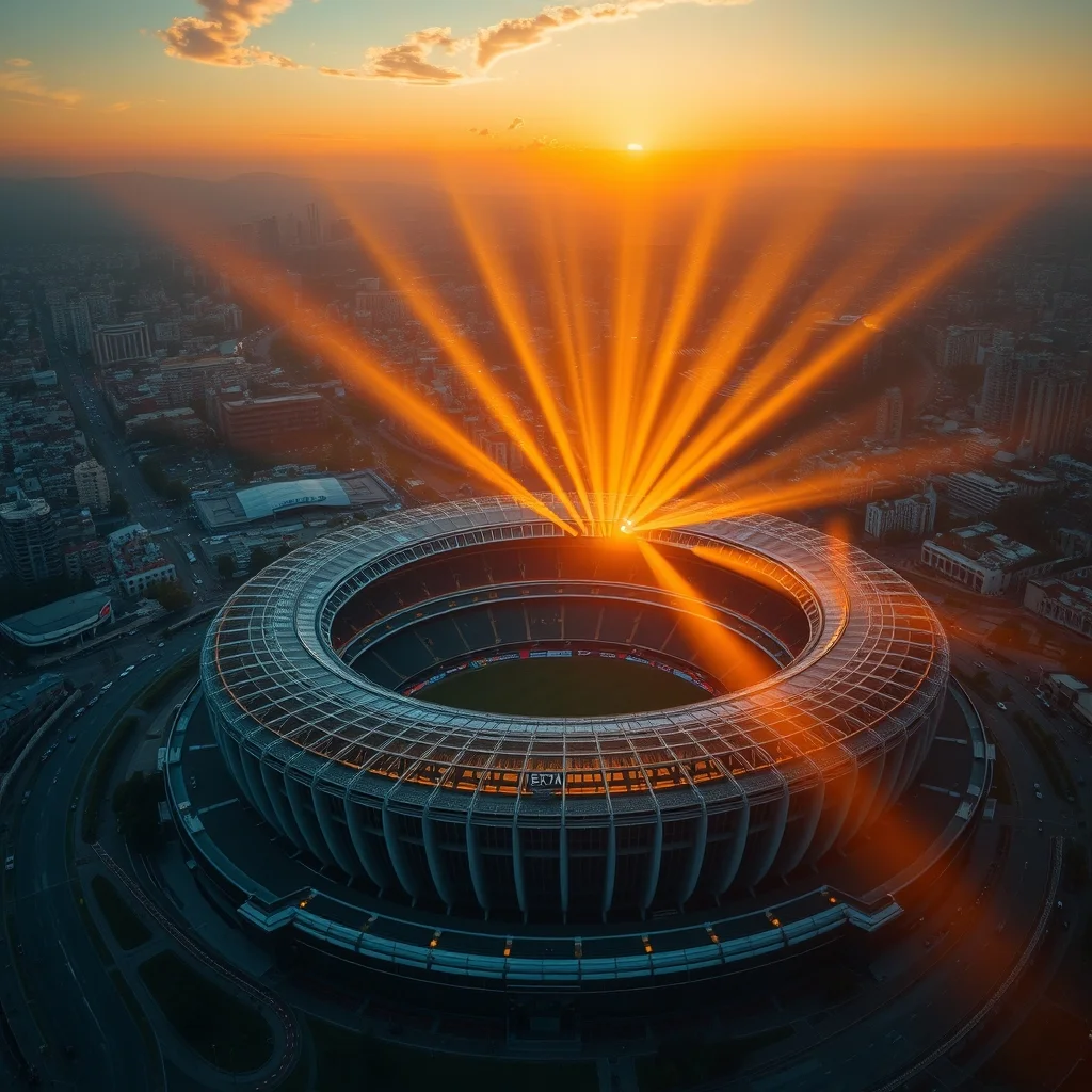 Estadio Azteca stadium aerial view at sunset with Mexico City skyline