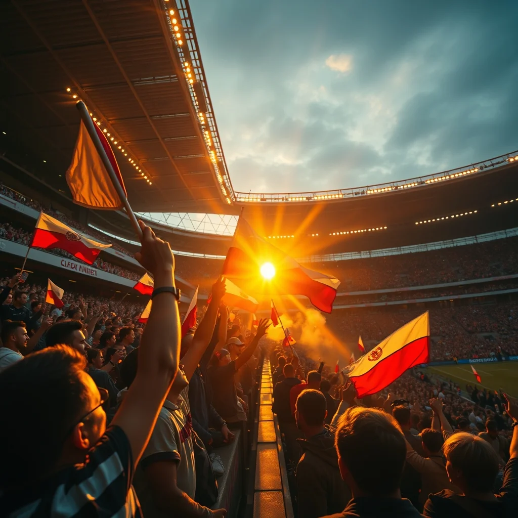 football fans celebrating with flags in crowded stadium