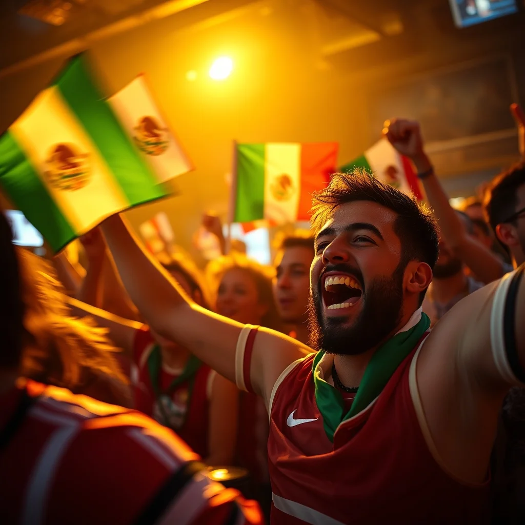 football fans celebrating with Mexican flags in crowded bar