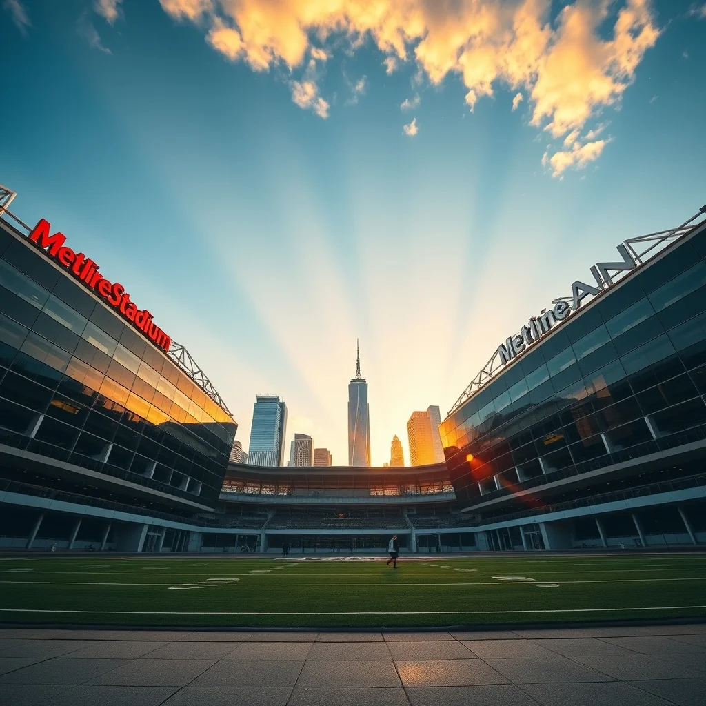 MetLife Stadium exterior with New York City skyline at golden hour