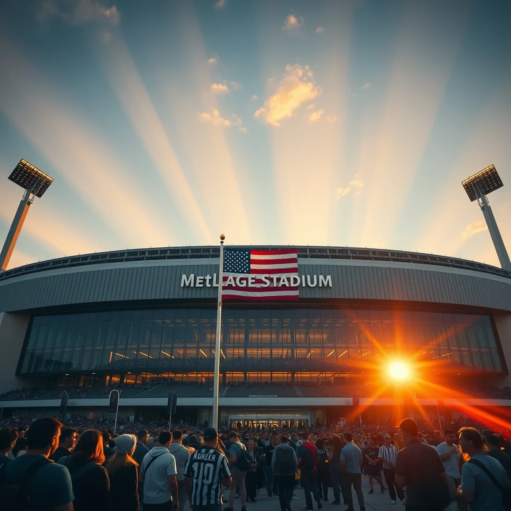 MetLife Stadium exterior with American flag and football fans gathering at sunset