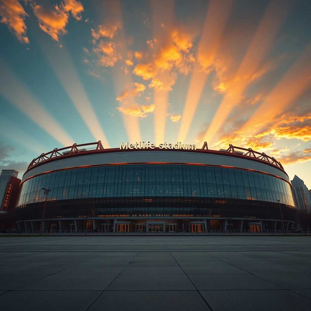 metlife stadium exterior sunset new york skyline background