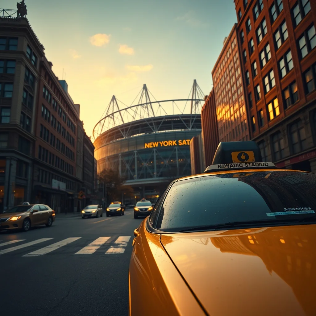 New York City yellow taxi with stadium in background at dusk