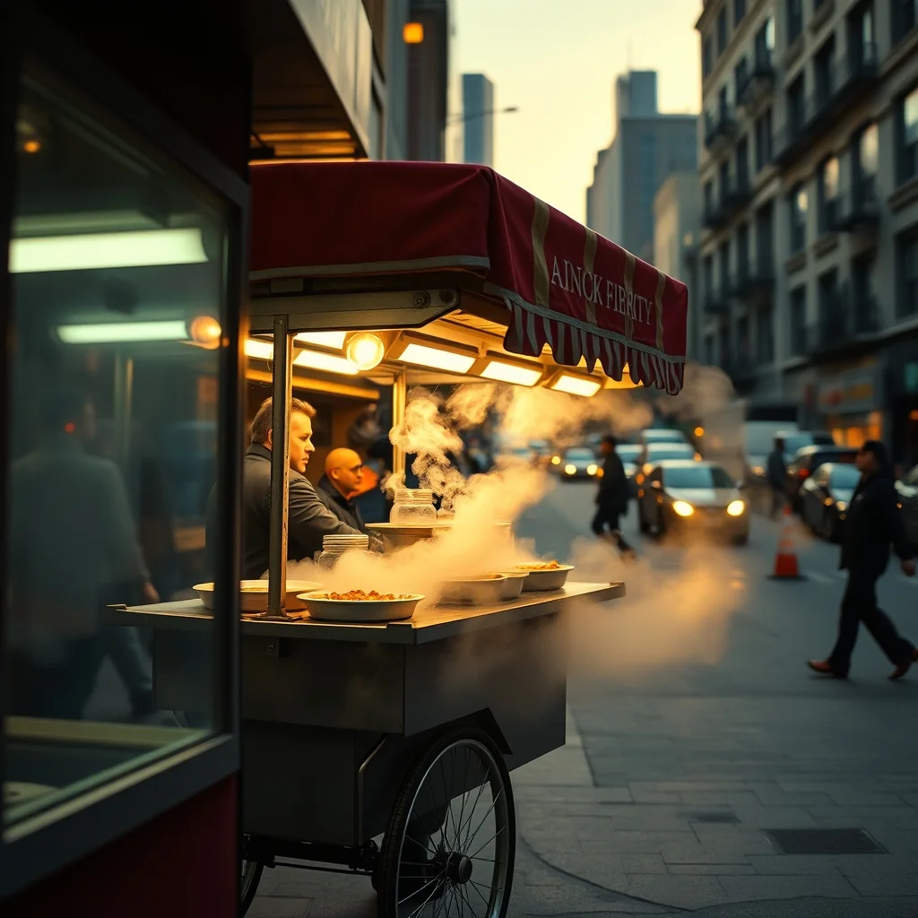 New York City street food cart with steam rising at dusk, urban atmosphere