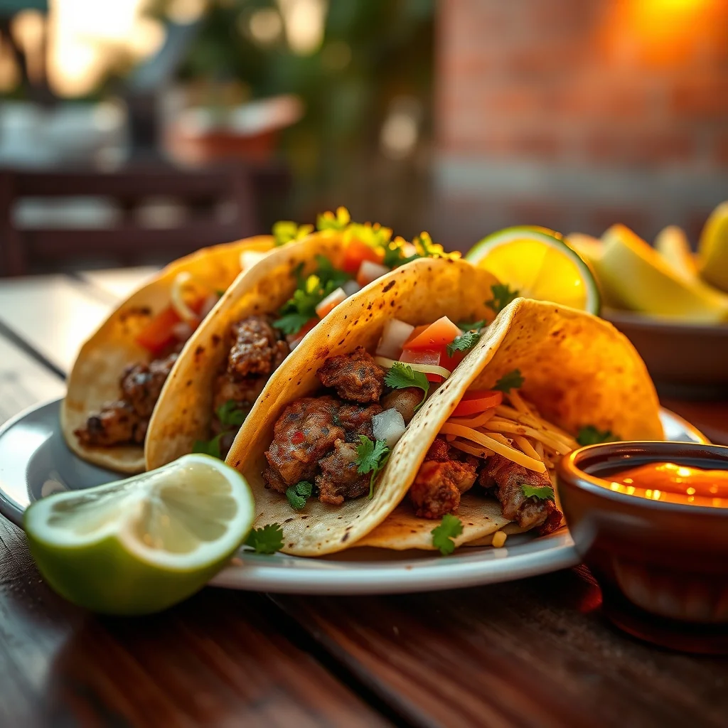 traditional Mexican tacos al pastor on plate with lime and salsa