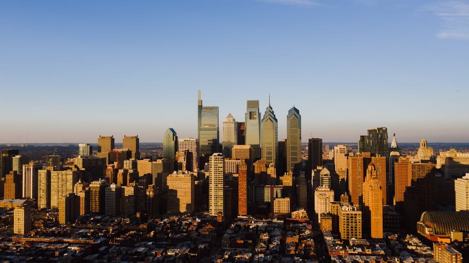 Drone view of breathtaking tall towers of modern skyscrapers located in contemporary city of New York