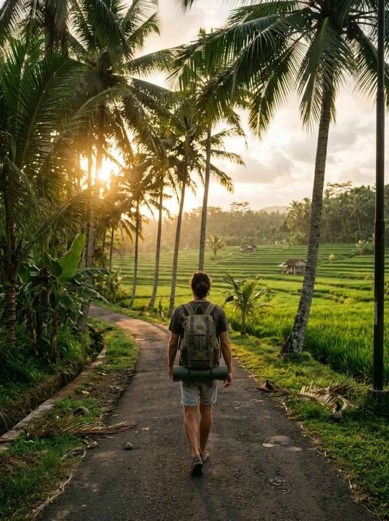 Traveller walking a palm-lined road past Bali rice terraces at sunset