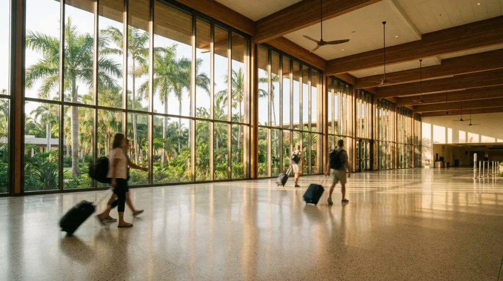 Arrivals hall at Bali's Ngurah Rai airport with travellers and palm trees outside
