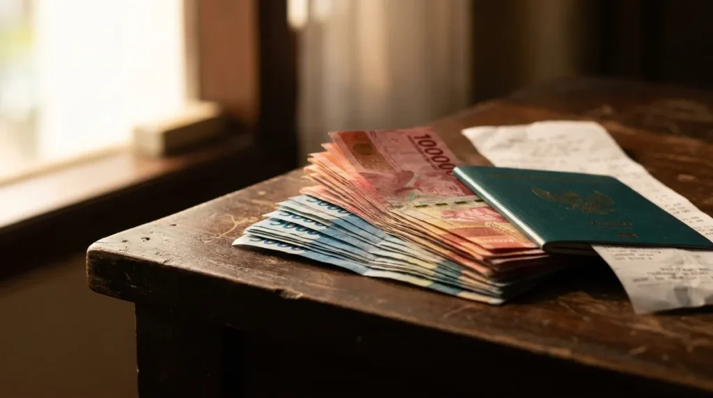 Indonesian rupiah banknotes beside a passport, showing the Bali visa on arrival cost