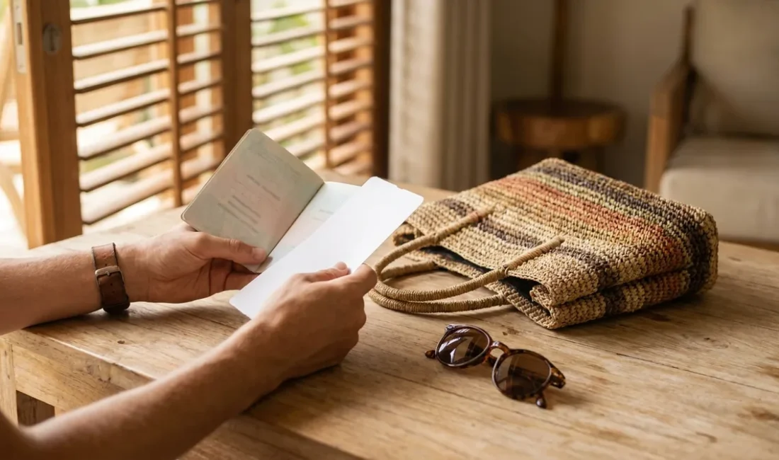Traveller checking a passport and boarding pass before flying to Bali