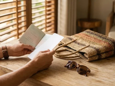 Traveller checking a passport and boarding pass before flying to Bali