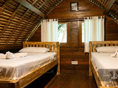 Bamboo bungalow interior at Ocean Prana Village in Amed
